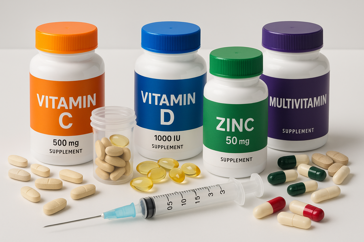 creami un imagine di unpo di medicine in cui vitaminiche e minerali in piu una sirenge